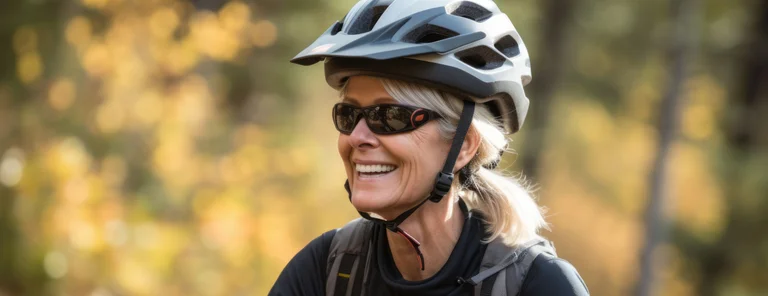 Lachende Frau mit Fahrradhelm und Sonnenbrille