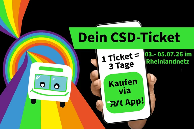 Grafik mit Regenbogen und Bus zum CSD-Ticket