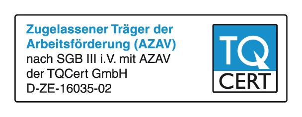 Logo: TQ CERT, Zugelassene Träger der Arbeitsförderung (AZAV) nach SGB III i.V. mit AZAV der TQCert GmbH, D-ZE-16035-02