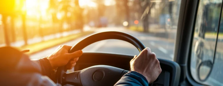 Blick aus einem Bus über Lenkrad hinaus auf die Straße mit Gegenlicht.