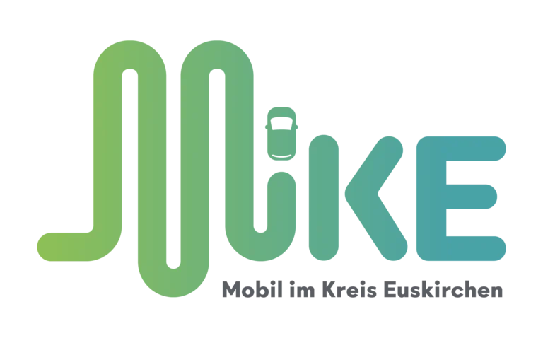 Das Mike-Logo in blau-grünem Farbverlauf. Das M ähnelt einer Straße und geht in das I über. Der I-Pinkt wird durch ein kleines Auto dargestellt. Darunter steht "Mobil im Kreis Euskirchen"