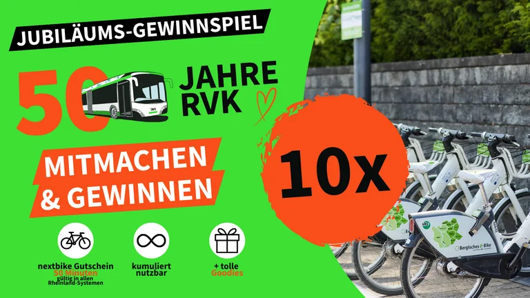 Das Bild zeigt Fahrräder und der Hinweis auf das Gewinnspiel der RVK für 50 Freiminuten bei nextbike