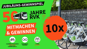 Das Bild zeigt Fahrräder und der Hinweis auf das Gewinnspiel der RVK für 50 Freiminuten bei nextbike
