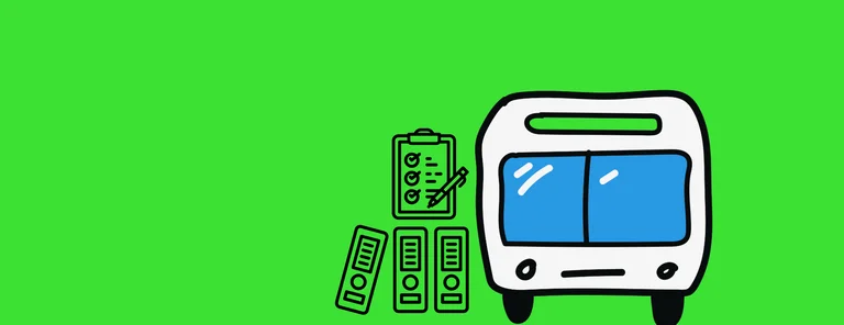 Grafik eines Busses mit Aktenordnern und einer Checkliste.