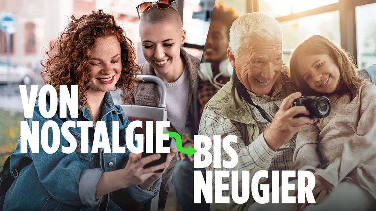 Zwei Bilder in der Mitte geteilt. Links zwei junge Frauen, die gemeinsam lachend auf ein Smartphone blicken. Rechts ein Opa mit seiner Enkeltochter die gemeinsam auf eine Kamera schauen. Der Titel: Von Nostalgie bis Neugier.
