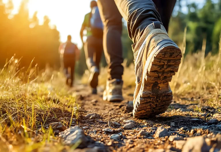 Closeup auf Wanderschuhe einer Gruppe auf einem Waldweg