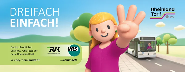 Das Bild zeigt eine Knetfigur, die dri Finger zeigt.  Neben dem SLogan "Dreifach einfach" wird der Rheinlandtarif beworben.