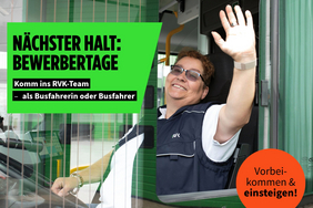 Die Bewerbertage der RVK Das Bild zeigt eine Busfahrerind er RVK, die mit der Hand grüßt. Daneben sind Informationen zum Bewerbertag abgebildet.