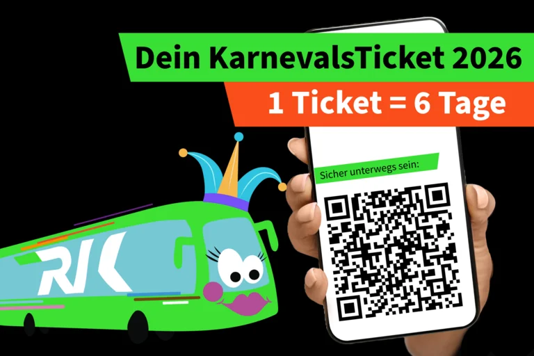 Grafik eines Cartoon-Busses und die Darstellung eines Smartphones mit QR-Code