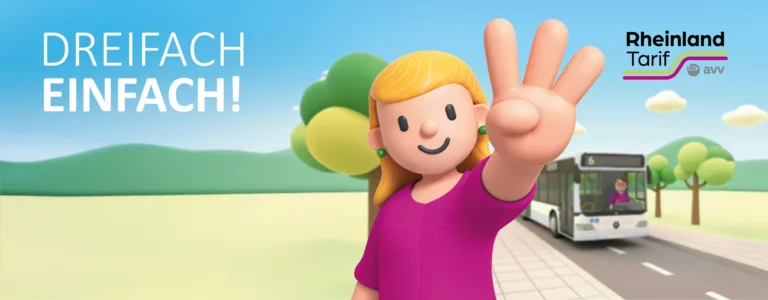 Das Bild zeigt eine Knetfigur, die drei Finger zeigt.  Neben dem SLogan "Dreifach einfach" wird der Rheinlandtarif beworben.