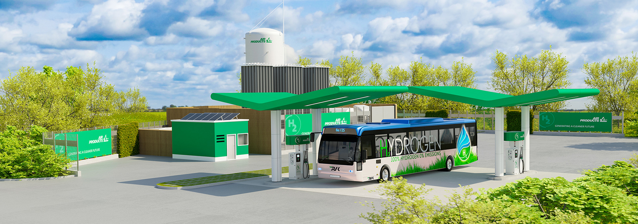 Visualisierung mit einer modellhaften Darstellung der Grünen Tankstelle und eines Wasserstoffbusses. © Air Products 