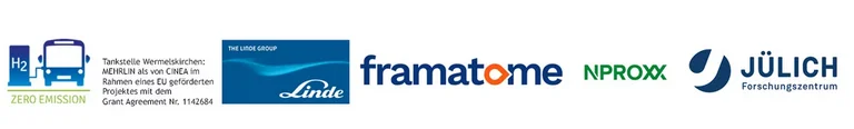 Logo Banner: Logo: Zero Emission; Text: Tankstelle Wermelskirchen: MEHRLIN als von CINEA im Rahmen eines EU geförderten Projektes mit dem Grant Agreement Nr. 1142684; Logo Linde; Logo framatome; Logo NPROXX, Logo Jülich Forschungszentrum