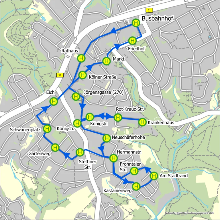 Eine Karte mit der eingezeichnetet Linienführung der Linie 270 in Wermelskirchen. Die Linie wird in Blau angezeigt.