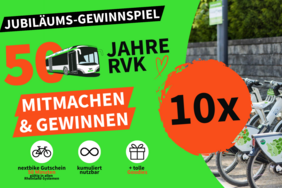 Das Bild zeigt Fahrräder und der Hinweis auf das Gewinnspiel der RVK für 50 Freiminuten bei nextbike