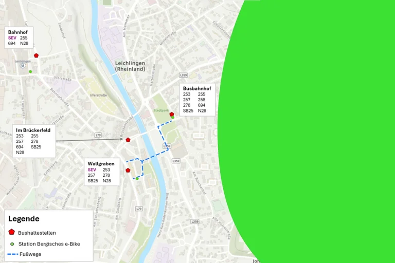 Das Bild zeigt eine Stadtkarte von Leichlingen und die Linienänderungen