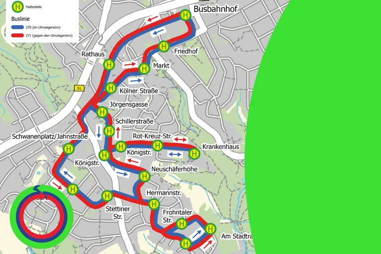 Dieses Titelbild zeigt eine Abbildung des Linienwegs der Linien 270 und 271