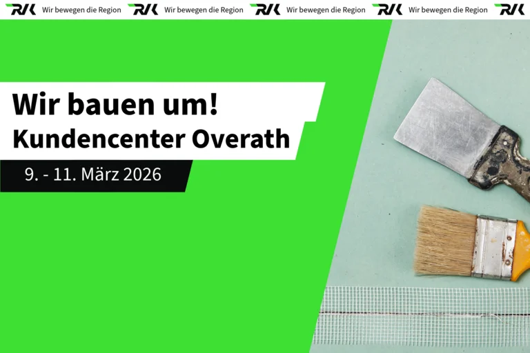 Die Grafik weißt auf die Schließung des Kundencenters Overath zwischen dem 9. und 11. März hin. Rechts daneben sind zwei Malerpinsel zu sehen. 
