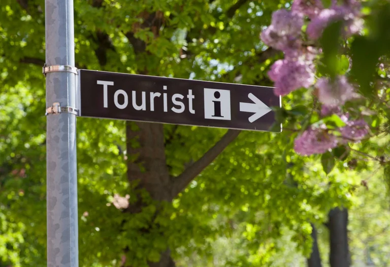 Schild zur Touristeninformation vor Bäumen und lila Blüten