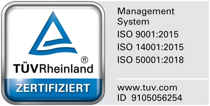 Logo: TÜV Rheinland Zertifiziert. Managment System ISO 9001:2015, ISO 14001:2015, ISO 50001:2018, www.tuv.com, ID 9105056254